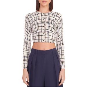 Staud Deanna White Cropped Long Sleeve Cardigan Sweater Windowpane Plaid